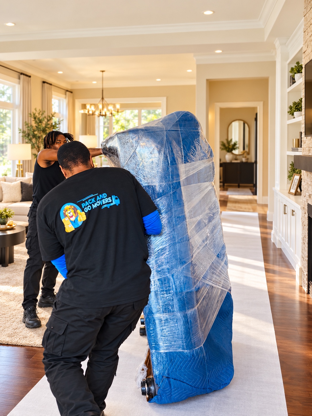 Pack And Go movers carefully protecting wrapped furniture and flooring inside a home